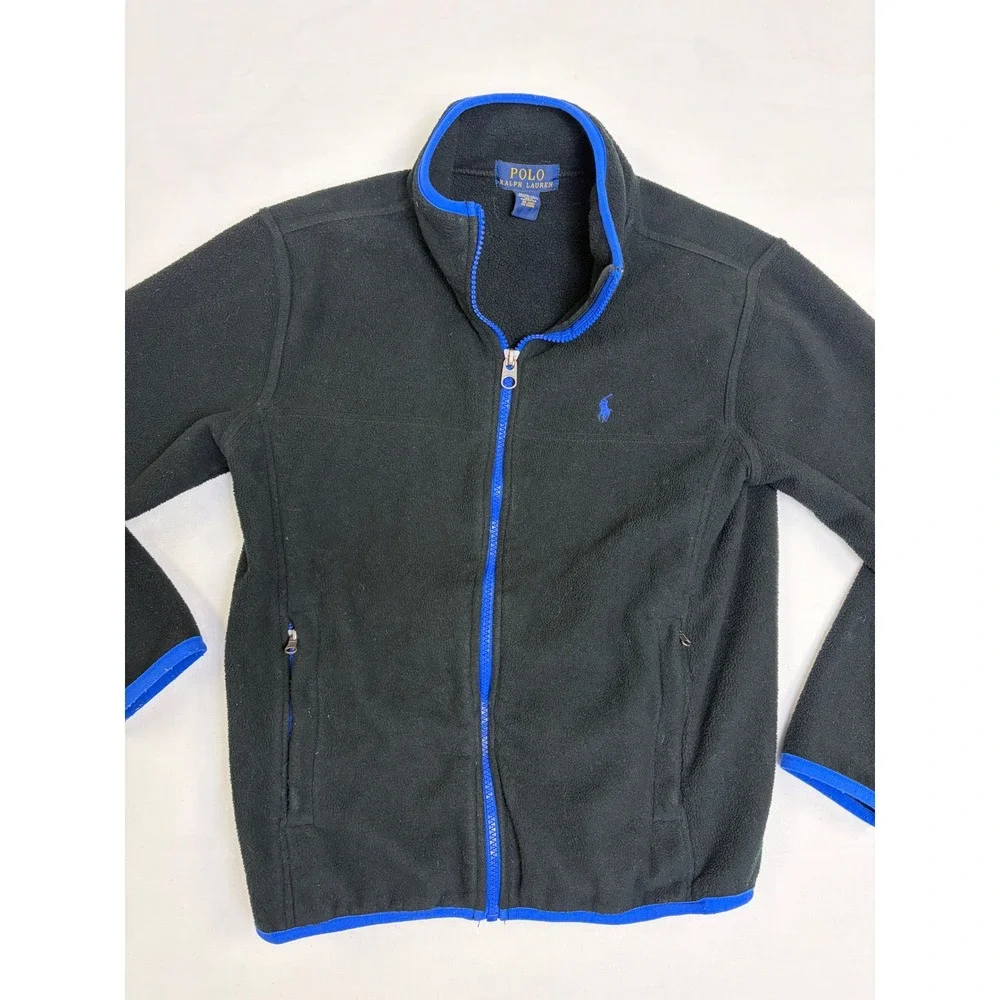 Polo Ralph Lauren Kids Fleece‎ Jacket Black Blue Full Zip Pony Logo M 10-12